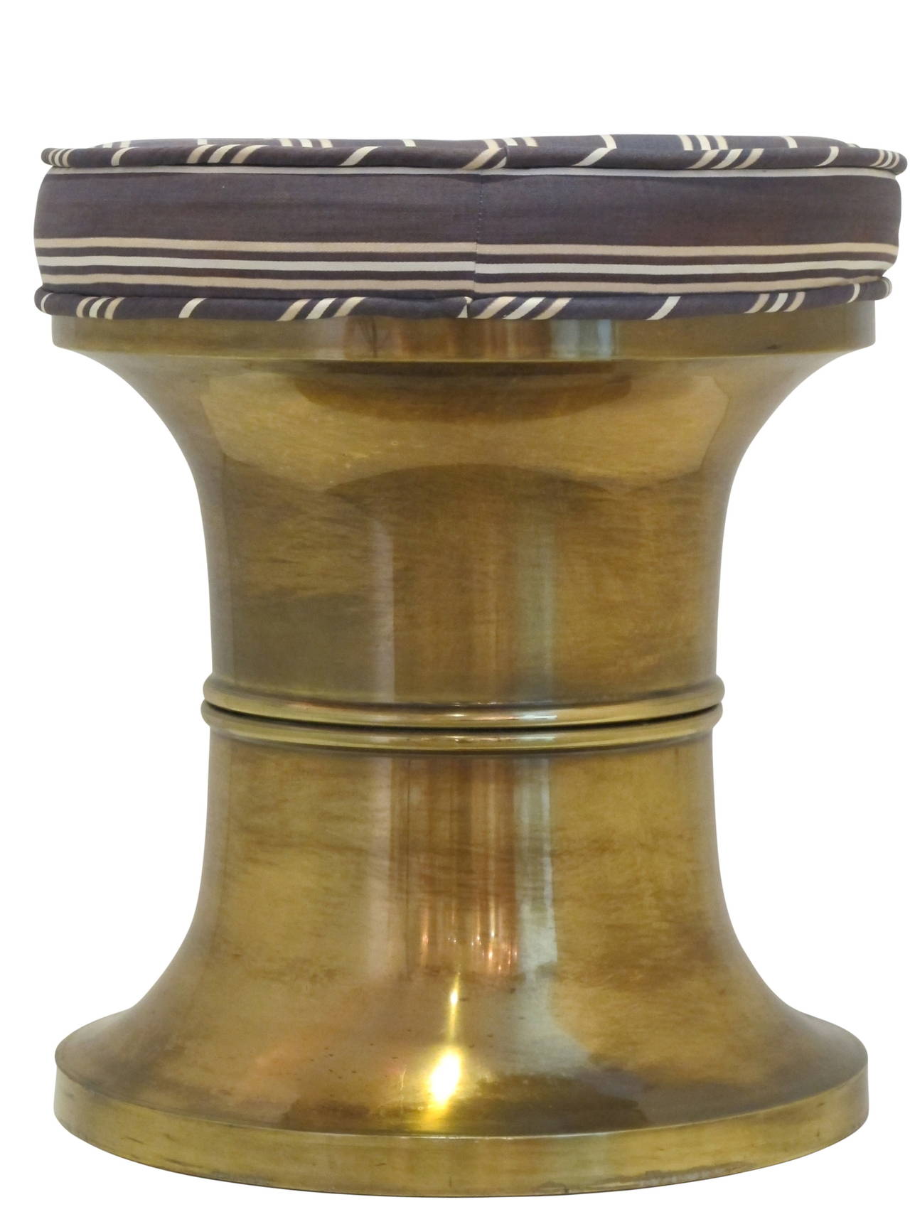 Great quality, large stool by Mastercraft. Upholstered in period grape striped fabric. Patina to brass. Nice original condition.