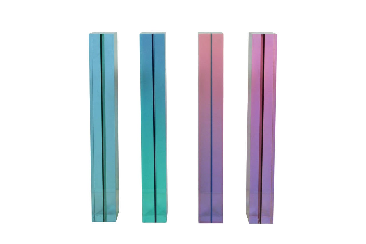 Vasa Mihich Cast Acrylic Columns USA 1970s Signed. Sold as a set. Laminated acrylic columns by Vasa. Signed and dated with artists inventory number: "#838 Vasa 76" on the light blue column. Very good condition with a minor chipping to the