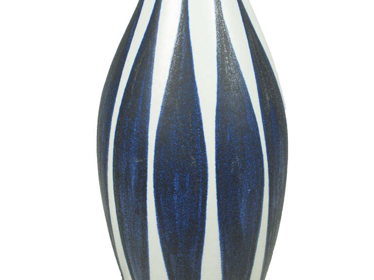 Hoganas named this navy and white pattern: Tribal. Rewired with new double socket cluster. Originally Imported from Sweden by Marbro Lamp Company of Los Angeles in 1960s.