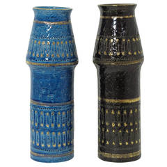 Bitossi Ceramic Vases Safety Pins Blue Black Gold Pair, Signed Italy 1960's 12