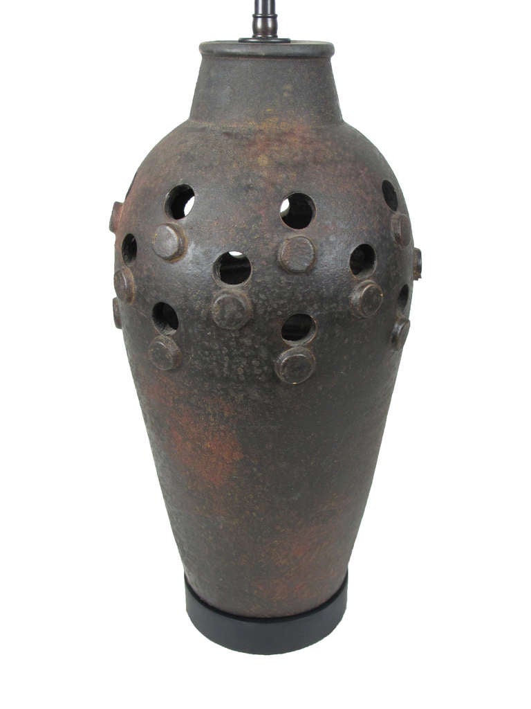 Italian Ceramic Table Lamp with Raised Discs and Cutouts