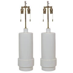 Pair of Tall, White Stepped Cylindrical, Ceramic Table Lamps
