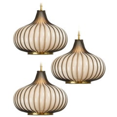 Vintage Set of 3 Glass and Brass Toned Metal Frame Garlic Form Pendant Lamps