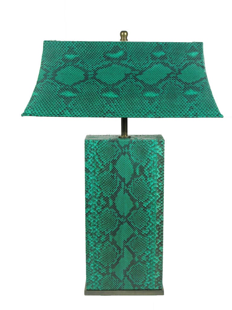 Karl Springer Python Table Lamp USA 1970's. An early example of Springer's exotic hide covered furniture. Complete with shade. Re-skinned by a former Springer workshop artisan, Eileen Johnson. Rewired and sockets updated for immediate use. Mounted