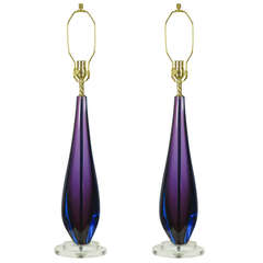 Pair of Tall Amethyst and Blue Sommerso Glass Table Lamps by Flavio Poli