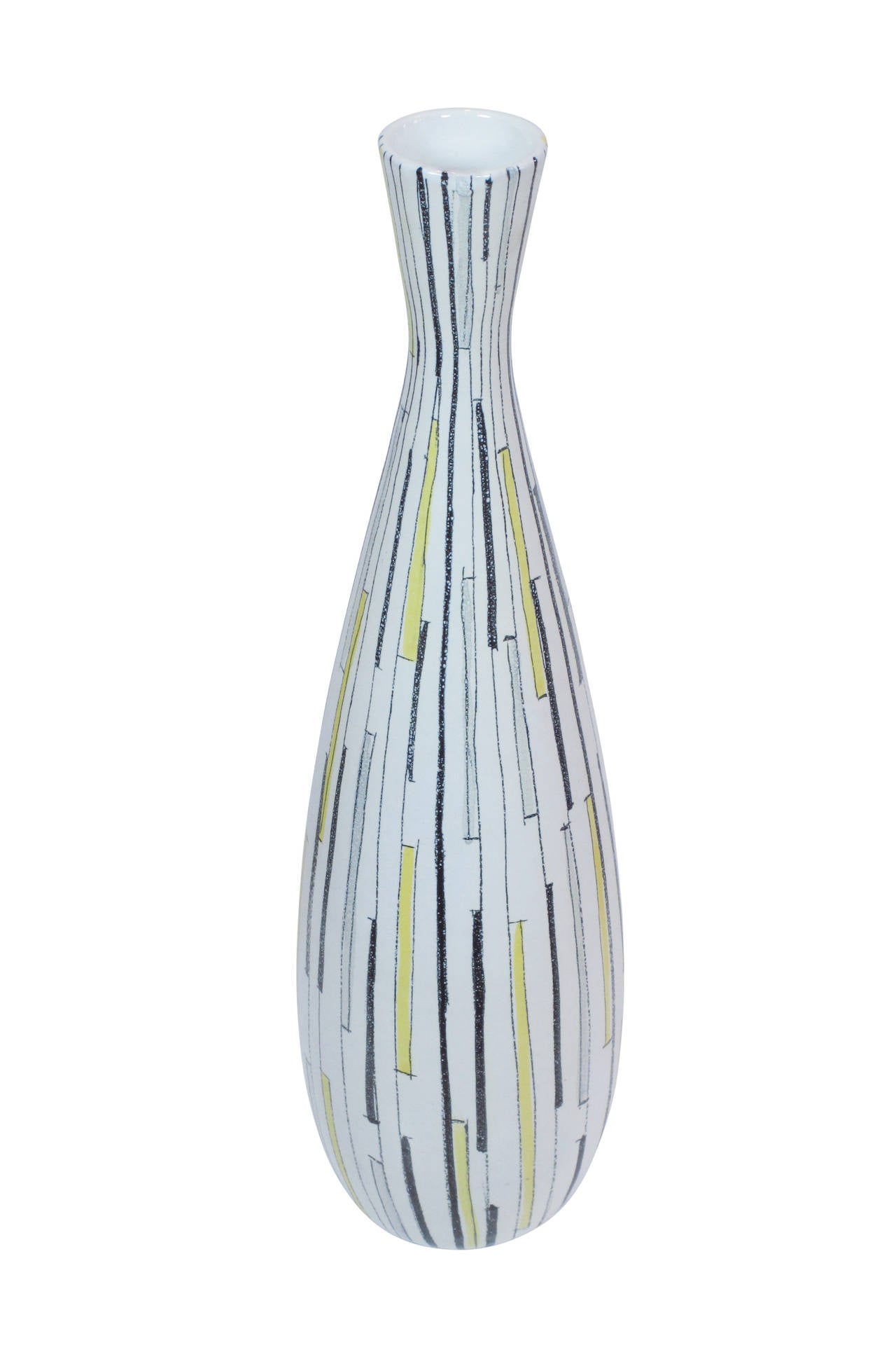 Bitossi Raymor Ceramic Vase Yellow White Black Geometric Signed Italy 1950's. Tall vase with tapered neck and graphic pattern. Great form and scale. Signed Italy on the underside of the vase. 