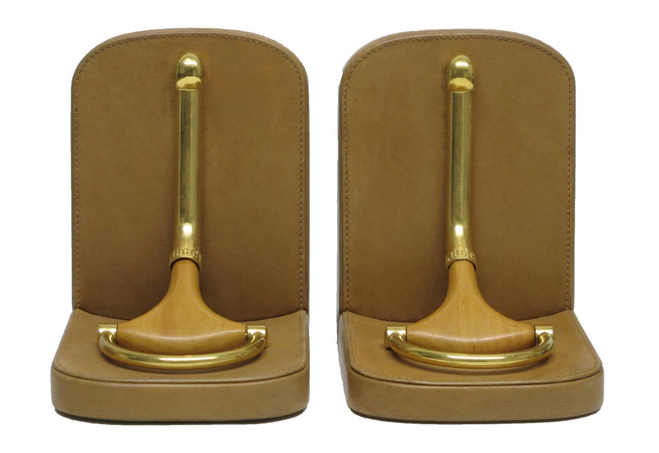 Italian Horsebit Gucci Bookends in Brass, Wood and Leather