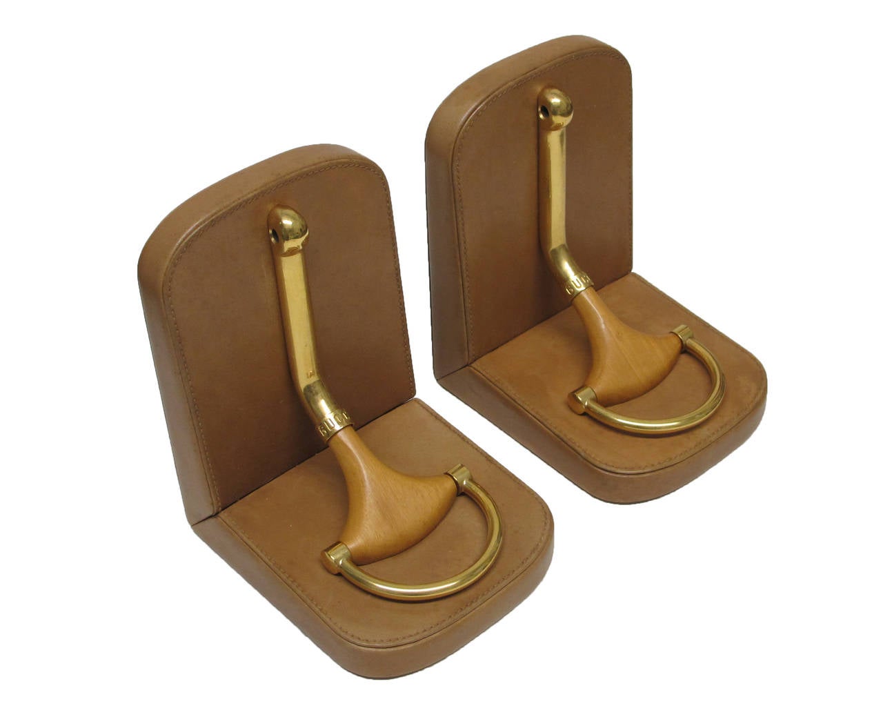Horsebit Gucci Bookends in Brass, Wood and Leather In Excellent Condition In New York, NY
