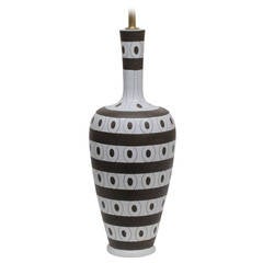 Zaccagnini Ceramic Table Lamp White Brown Stripes Circles Signed Italy 1950's 11