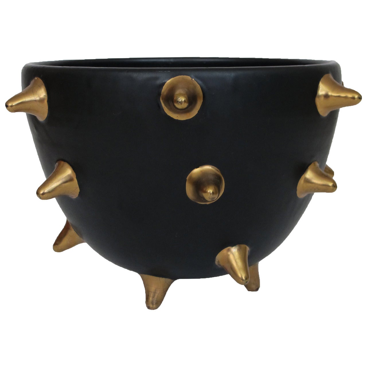 Bitossi Raymor Italian Ceramic Bowl Gunmetal Gold Spikes, Signed, Italy, 1960s