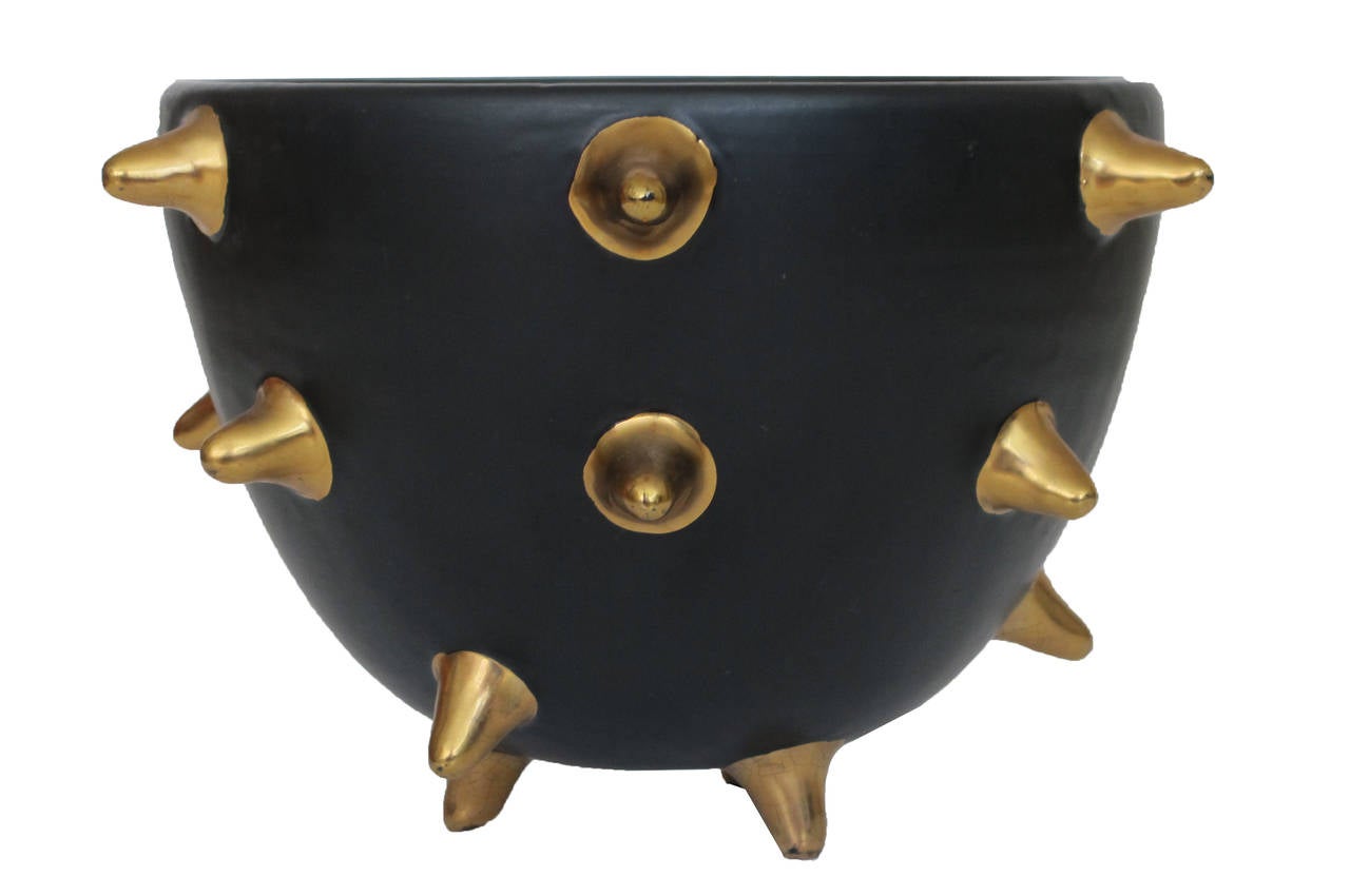Modern Bitossi Raymor Italian Ceramic Bowl Gunmetal Gold Spikes, Signed, Italy, 1960s