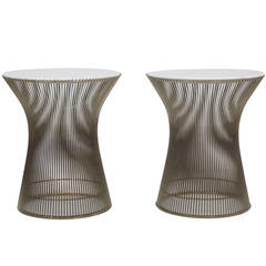 Pair of White Marble-Top Platner Tables in Nickel for Knoll