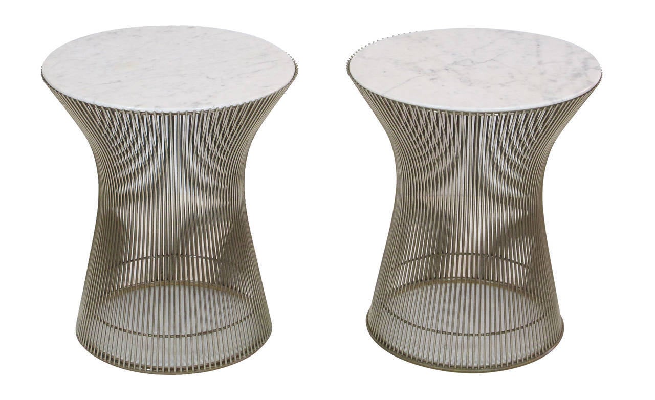 American Pair of White Marble-Top Platner Tables in Nickel for Knoll