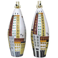Pair of Italian Cityscape Ceramic Table Lamps by Bitossi