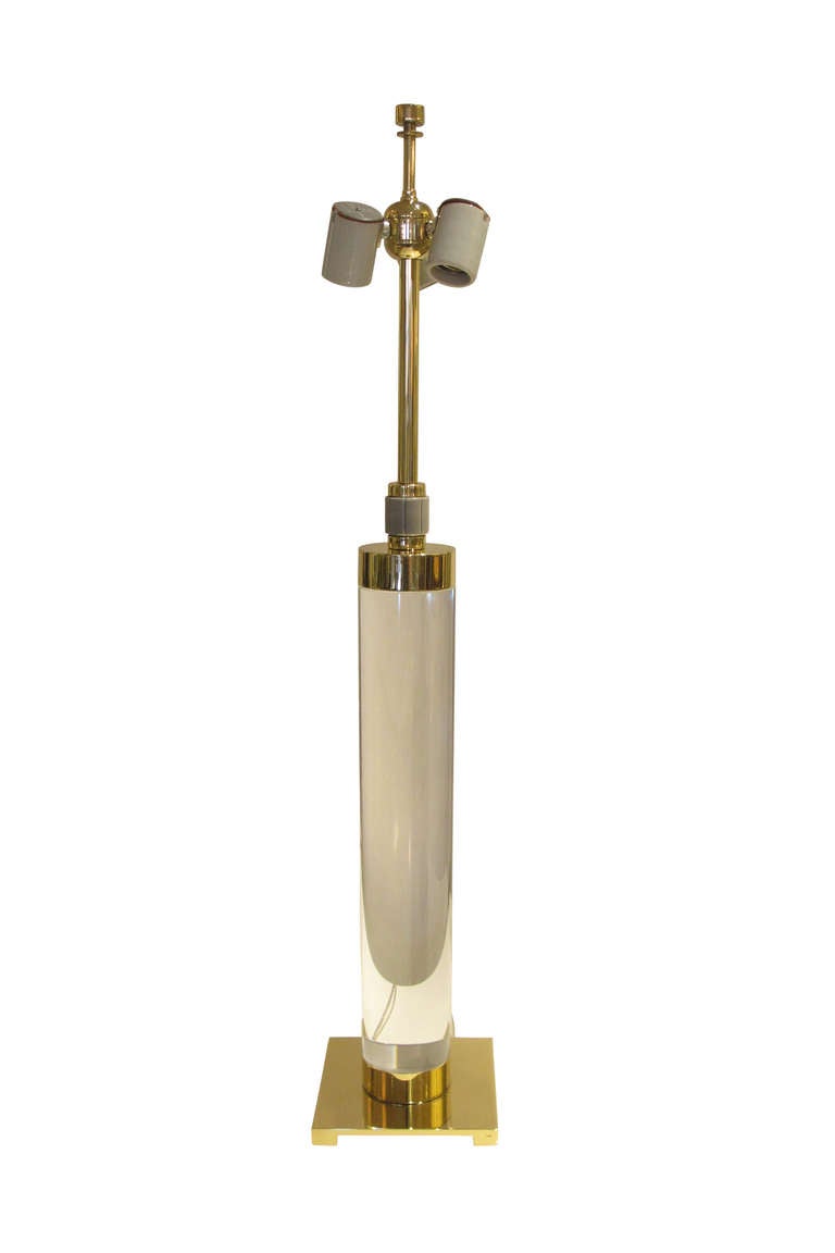 Hansen Table Lamps Brass Acrylic Lucite Signed USA 1960's. With three-light cluster and three-way switch. Lacquered brass and polished acrylic columns. Rewired with silk cords for immediate use. Signed on bases: Hansen New York.