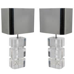 Pair of Signed Karl Springer Lucite Block Table Lamps with Polished Steel Shades