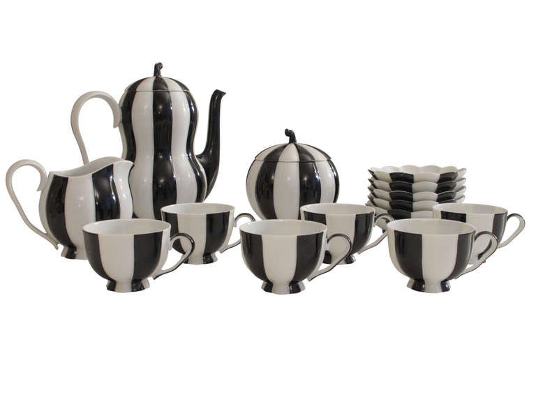 15 piece Mocha dessert service acquired from the Neue Galerie. Together with 6 silver-plated spoons, also designed by Hoffmann. Produced by Augarten. Marked: 