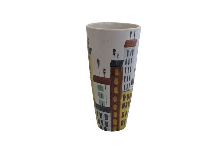 Tapered ceramic vase with Italian cityscape decoration with an early Raymor paper label.