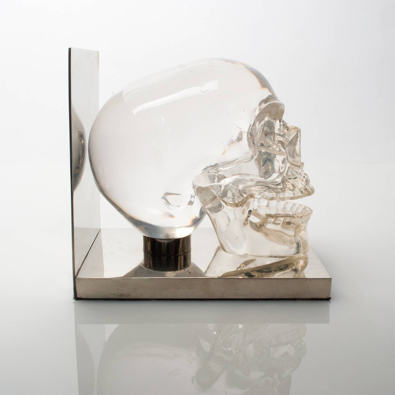 Modern Skull Bookends Acrylic Lucite Polished Steel, France, 1970s