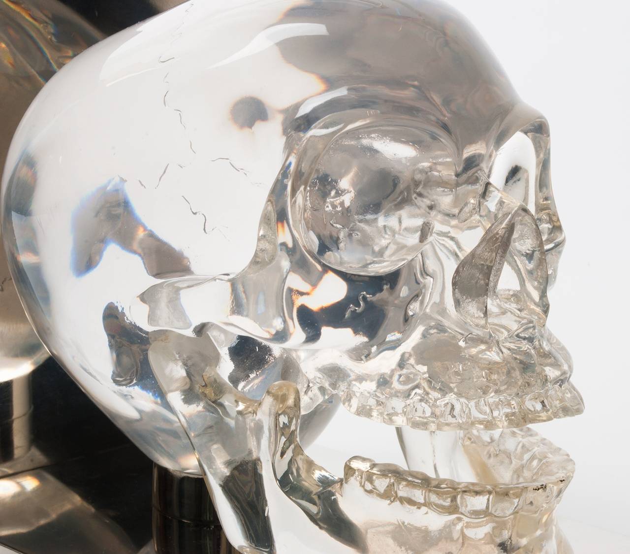 French Skull Bookends Acrylic Lucite Polished Steel, France, 1970s