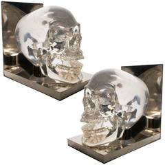 Skull Bookends Acrylic Lucite Polished Steel, France, 1970s