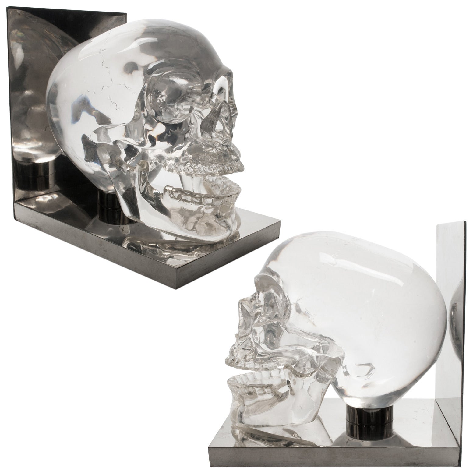 Skull Bookends Acrylic Lucite Polished Steel, France, 1970s
