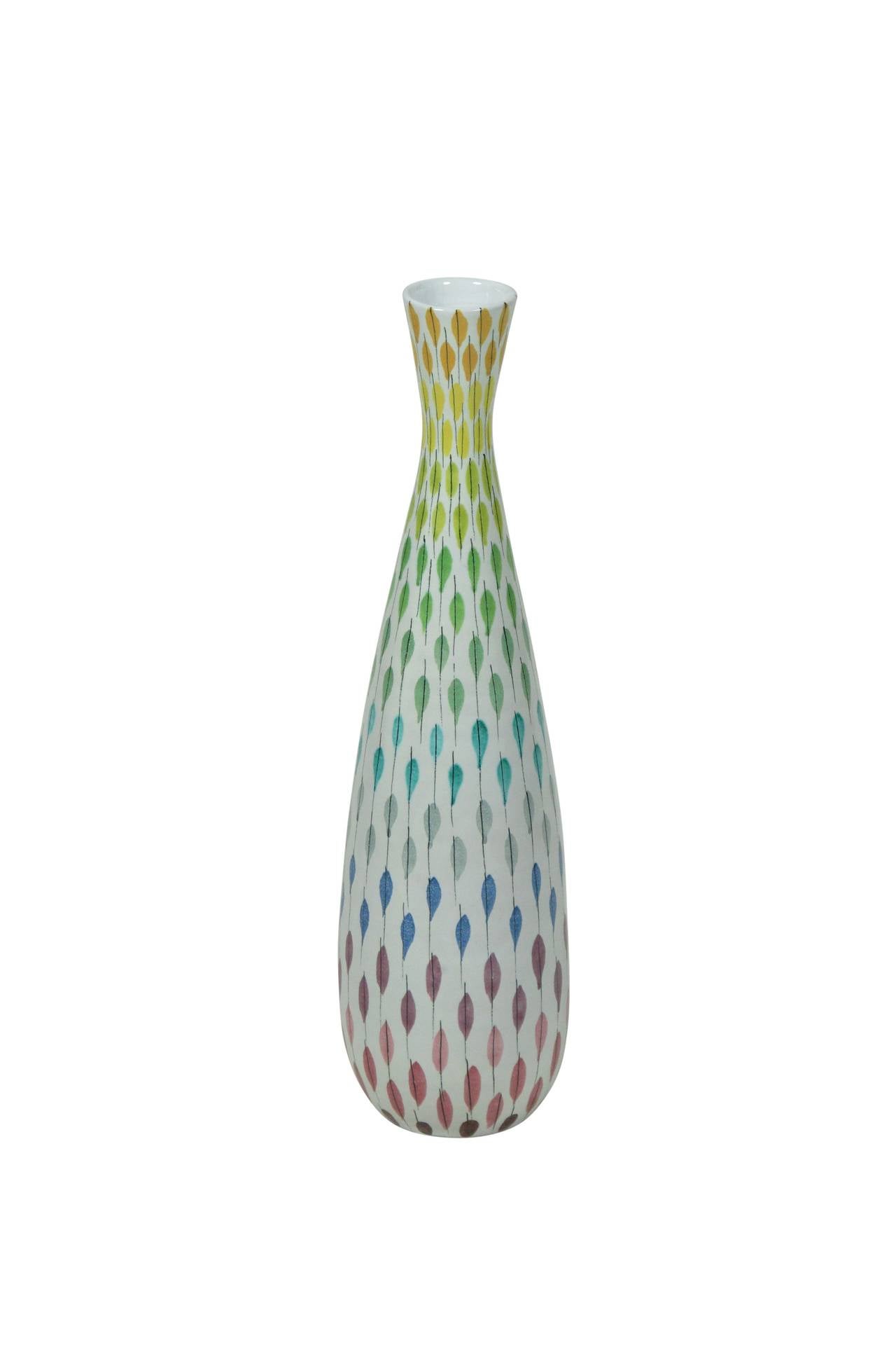Hard to find multicolored Piuma (feather) pattern Bitossi vase imported to the United States by Raymor. Retains original Raymor paper label.