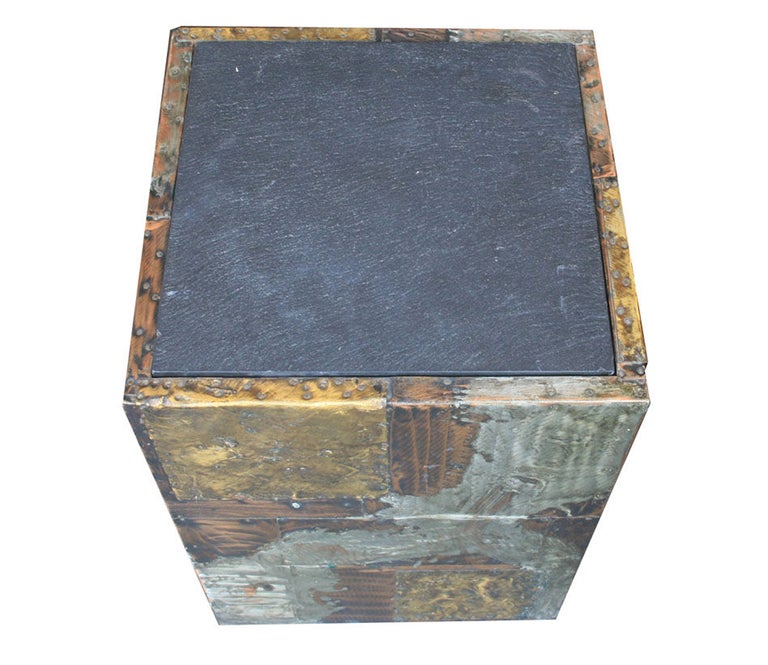 For Directional Furniture Company. Copper, bronze and pewter patchwork side table with a patinated finish and inset slate top.