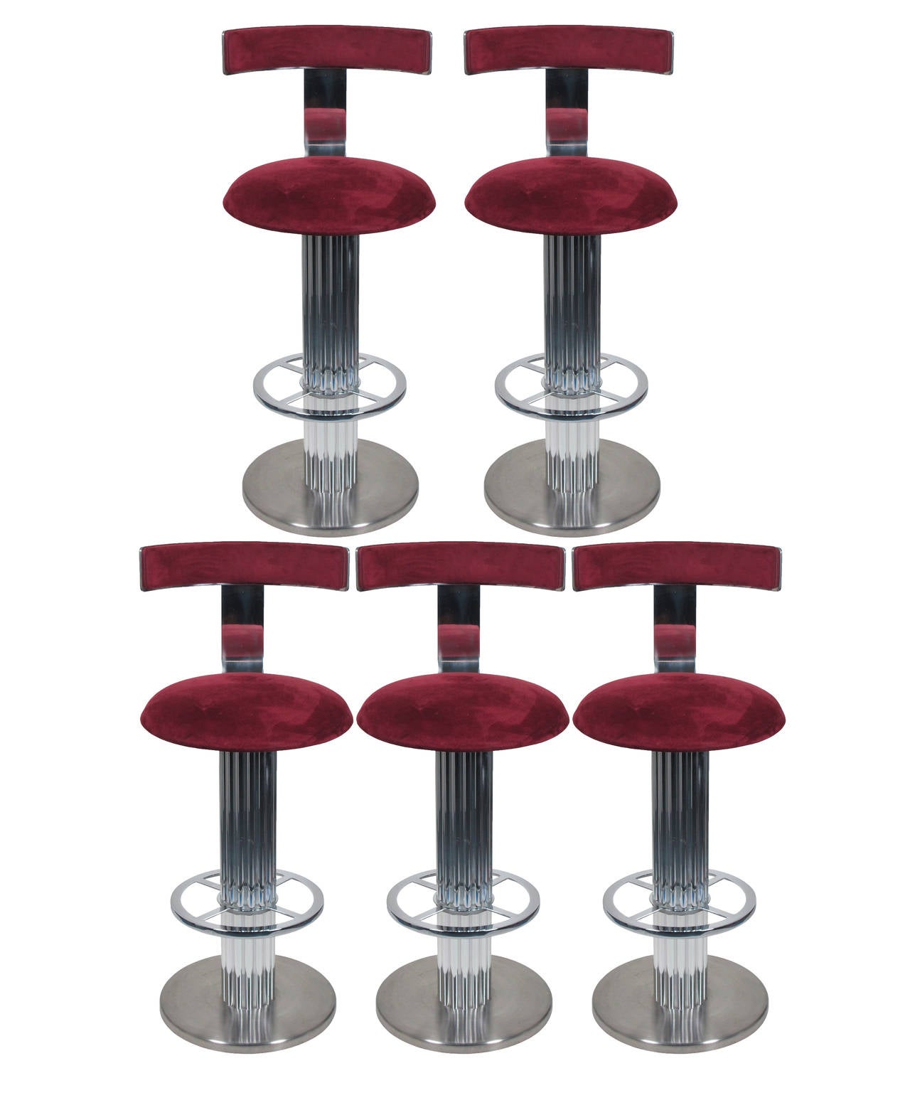 Designs for Leisure Bar Stools Chrome Signed USA 1980's. Set of five swivel bar stools in nickel-plated steel and aluminum by Designs for Leisure of Mt. Kisko New York. The now defunct company was a high quality seating resource for the Interior