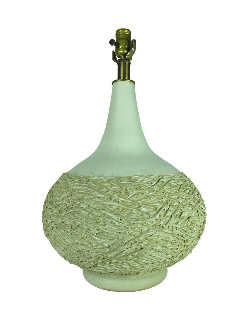 Lee Rosen gourd shaped white table lamp with textured sgraffito. Retains original wiring and socket.