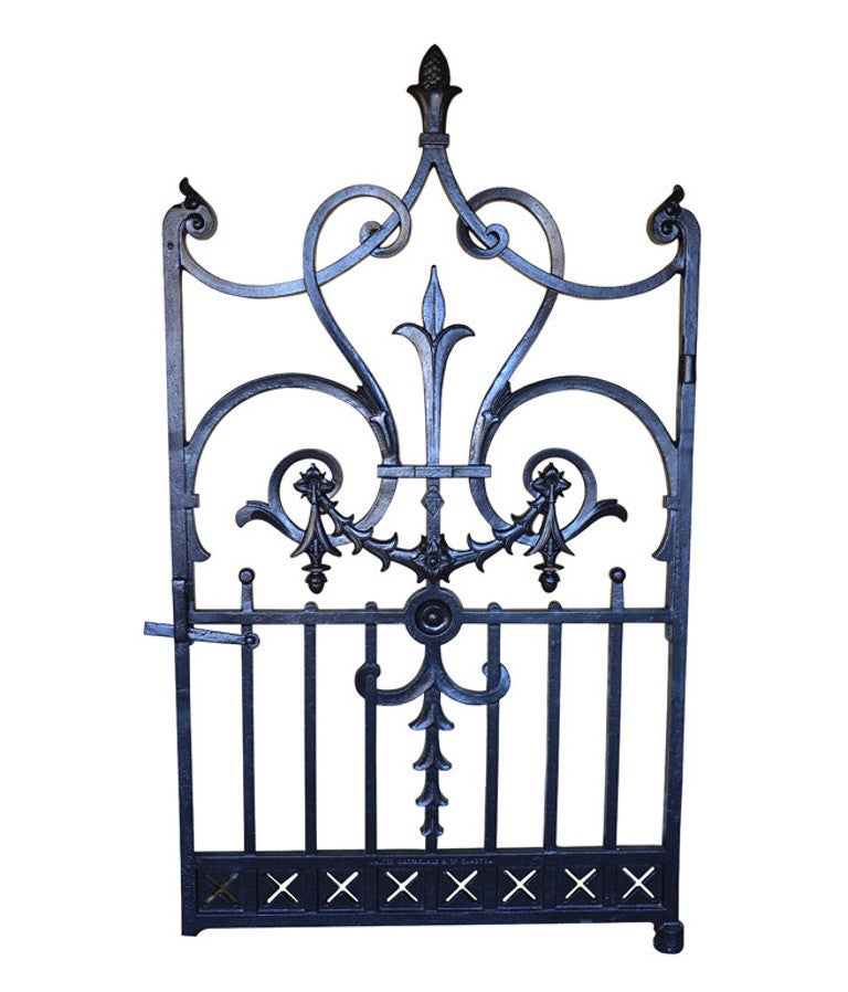 A Fine Cast Iron Garden Gate with Decorative Scroll Work Foliate Gadroons Topped Out with Acorn Motif