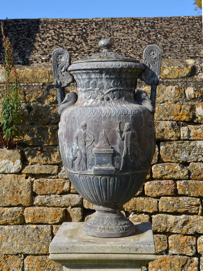 English Early 20th Century Pair of Covered Lead Vases