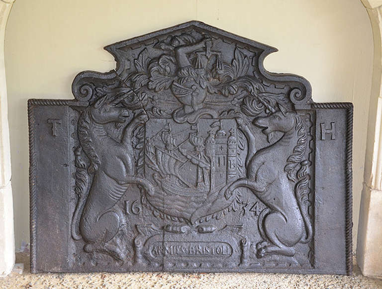 A fireback bearing the arms of the City of Bristol. This rare 17th century civic fireback, with extension panels, has the date 1634, this being of interest as another example illustrated in British Cast Iron Firebacks is dated 1633 – this fireback