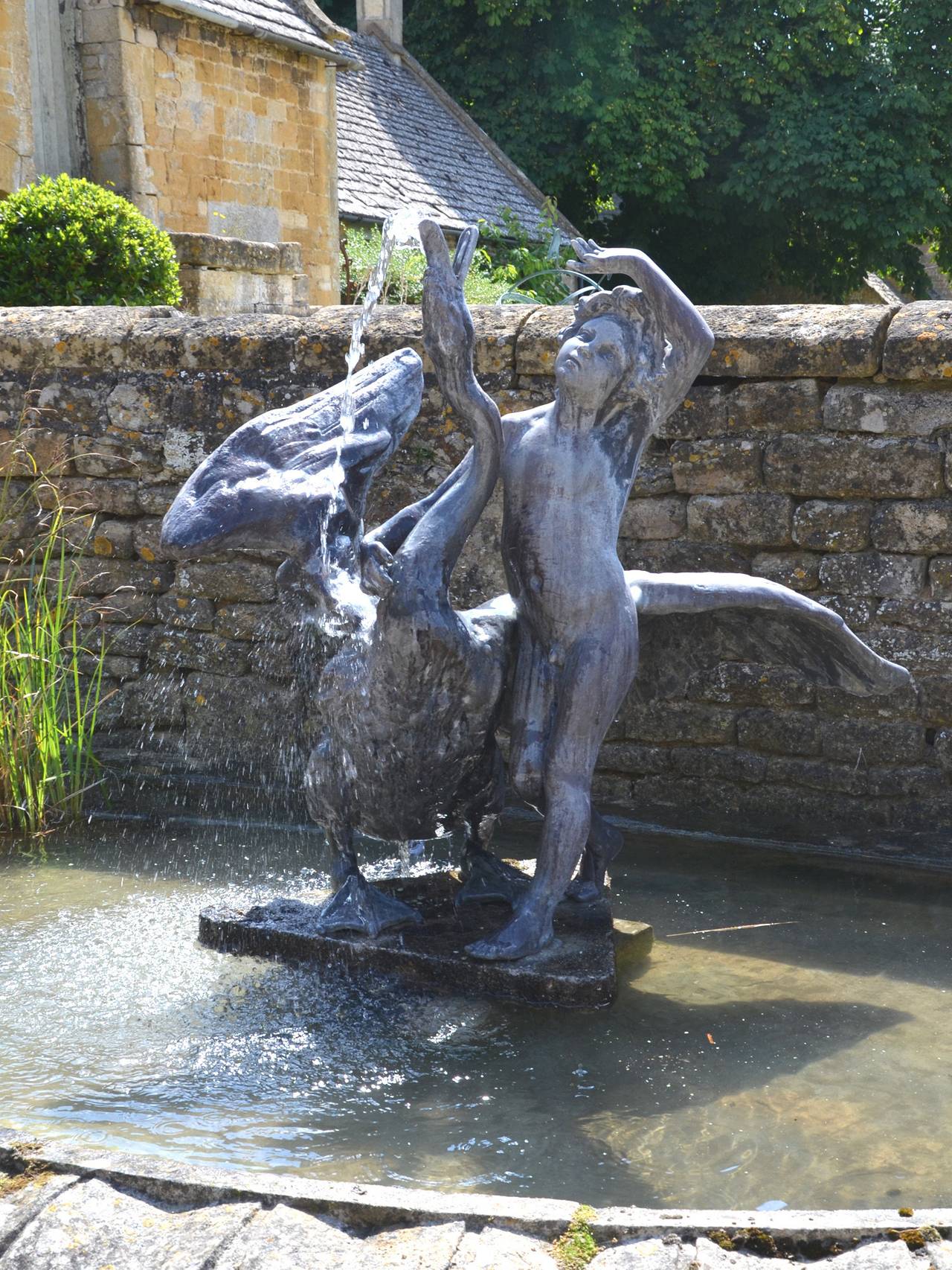 German Mid-20th Century Lead Fountain of 'A Boy with Swan'