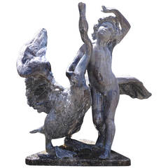 Used Mid-20th Century Lead Fountain of 'A Boy with Swan'