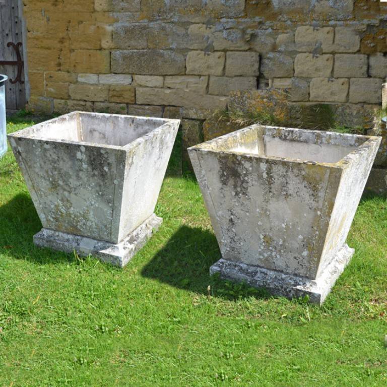 English Pair of Mid-20th Century Square Stone Planters of Taper Form