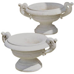 Small Pair of Marble Urns of Tazza Form with Scroll Handles