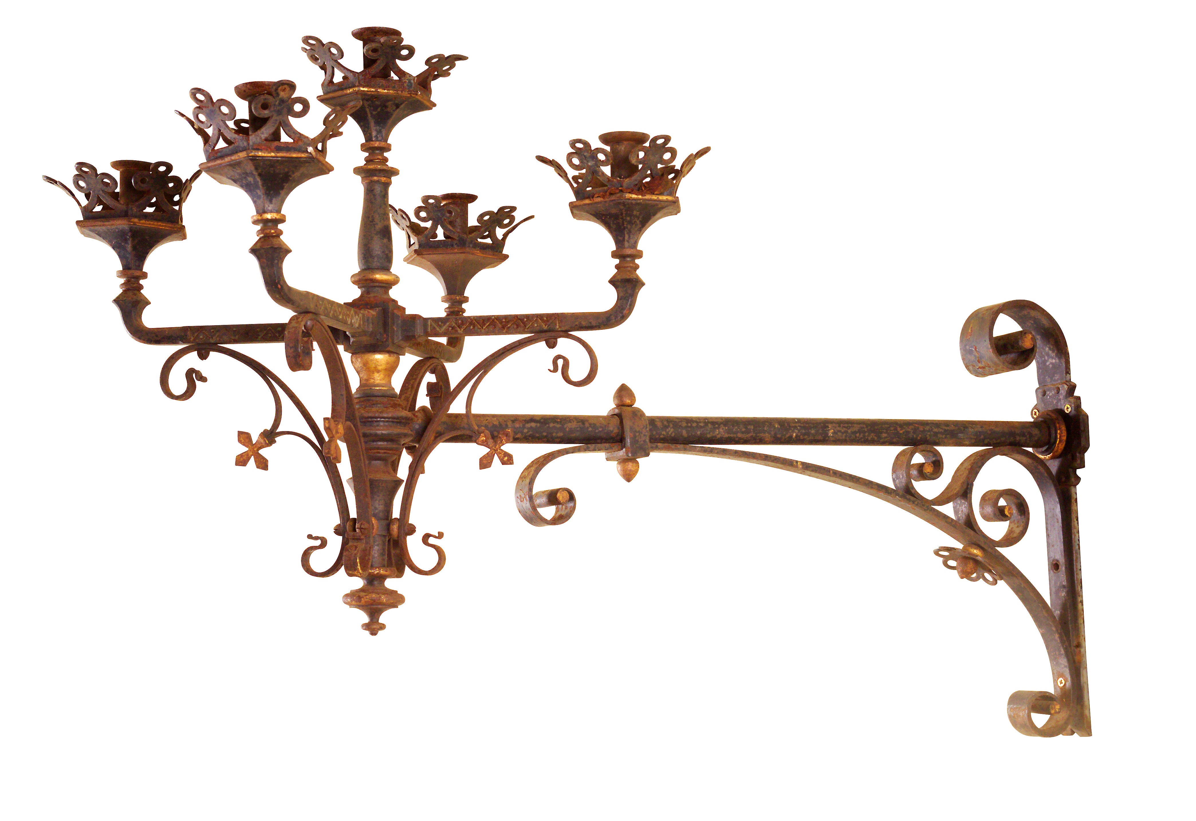 A neo-Gothic, French, wrought iron and parcel gilt wall light