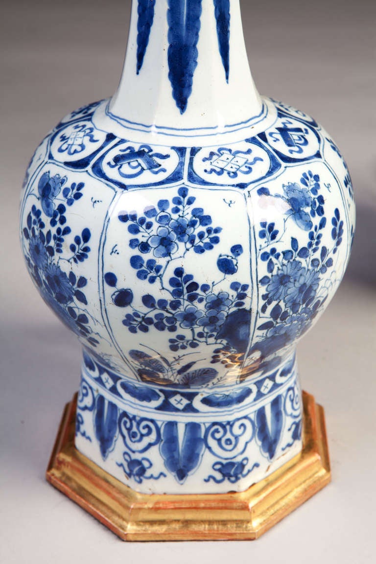 Dutch Important Pair of blue & white Delft Knobble Vases as Lamps