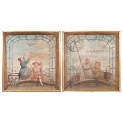 A rare pair of painted Chinoiserie canvas panels