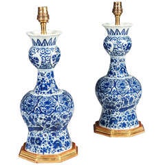 Antique A Pair of 18th Century Delft Vases as Lamps