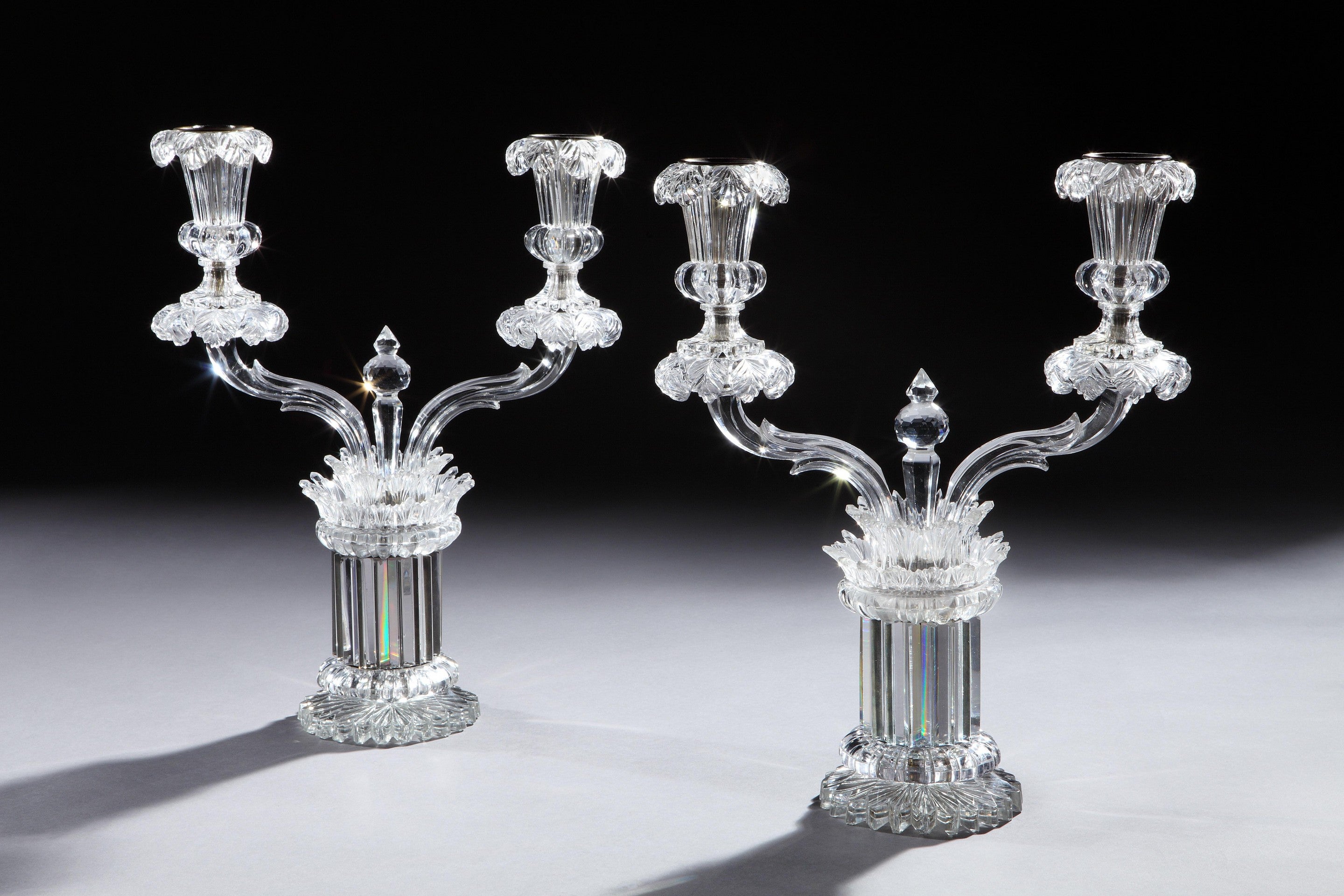 Pair of William IV Cut Glass, Perry Two-Branch Table Candelabras