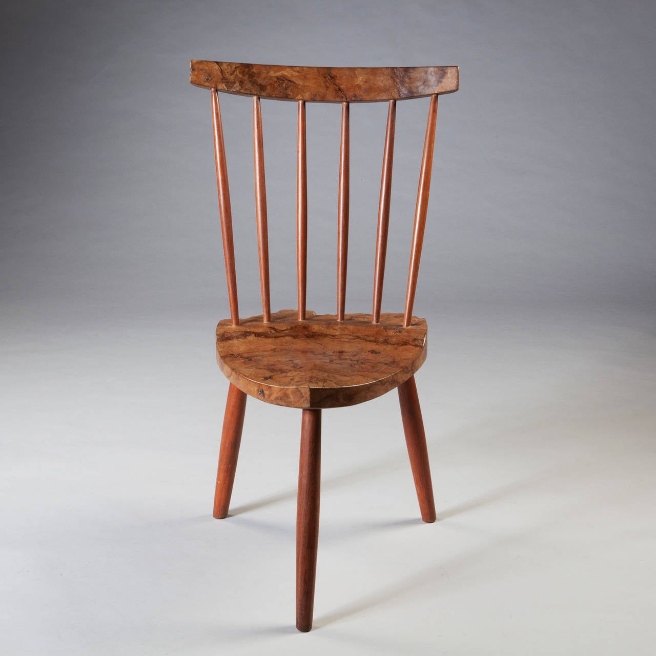 20th Century An Unusual Pair of Burr Walnut Side Chairs, After George Nakashima