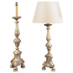Pair of Italian Silvered and Carved Wooden Candlesticks