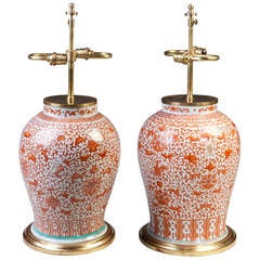 A Pair Of Chinese Export Coral Vases As Lamps
