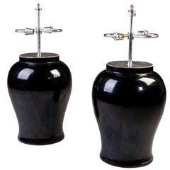 Vintage A Pair Of Chinese Black Glazed Vases As Lamps