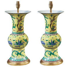 Pair of Chinese Yellow Glazed Vases, Mounted as Lamps