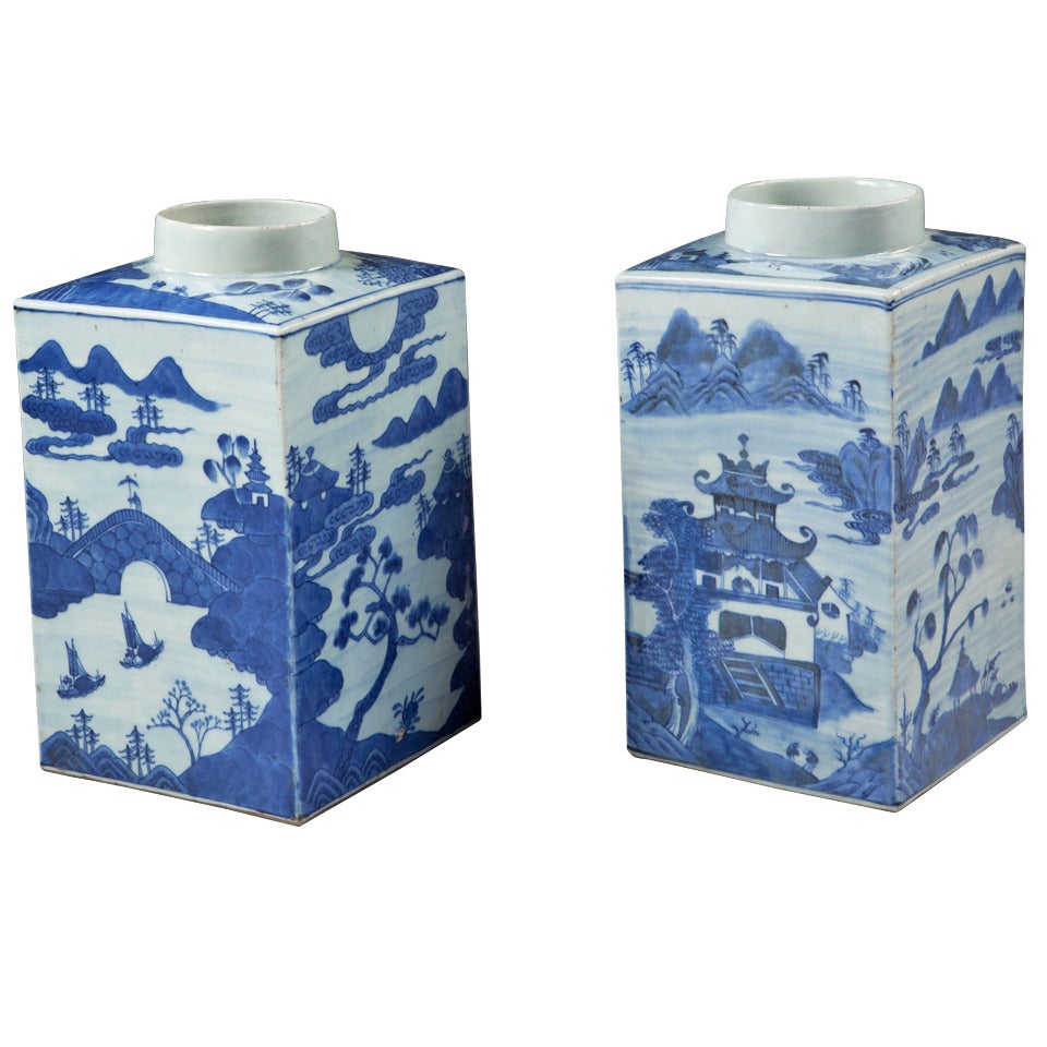 Matched Pair of Chinese Blue and White Porcelain Tea Jars