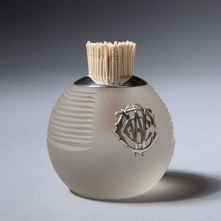 An unusually large silver and frosted glass match striker, the front with the silver monogram 