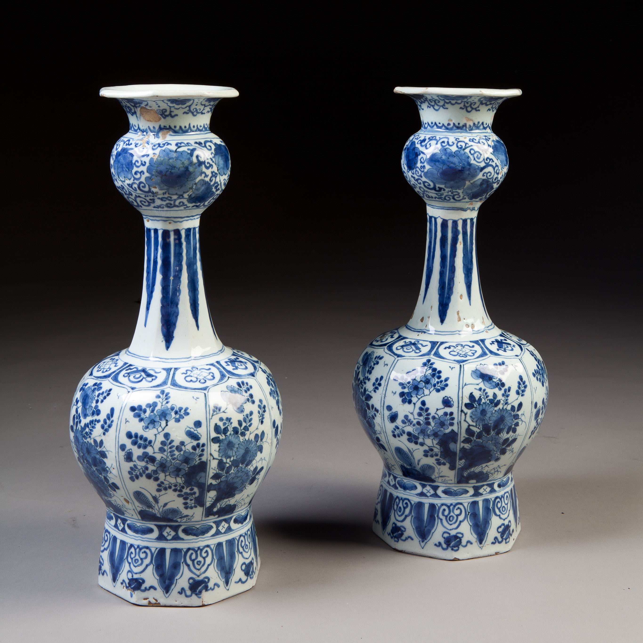 Important Pair of blue & white Delft Knobble Vases as Lamps